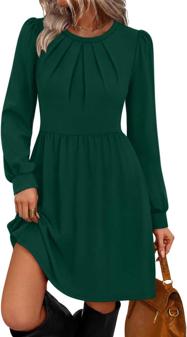 WIHOLL Womens Fall Dresses Long Sleeve Pleated Bust A-Line Pocket Dress | Puff Sleeve,Flattering Fit,Early Fall Fashion,Daily Wear,Business Casual,Front Pleated Detail,Soft Stretch