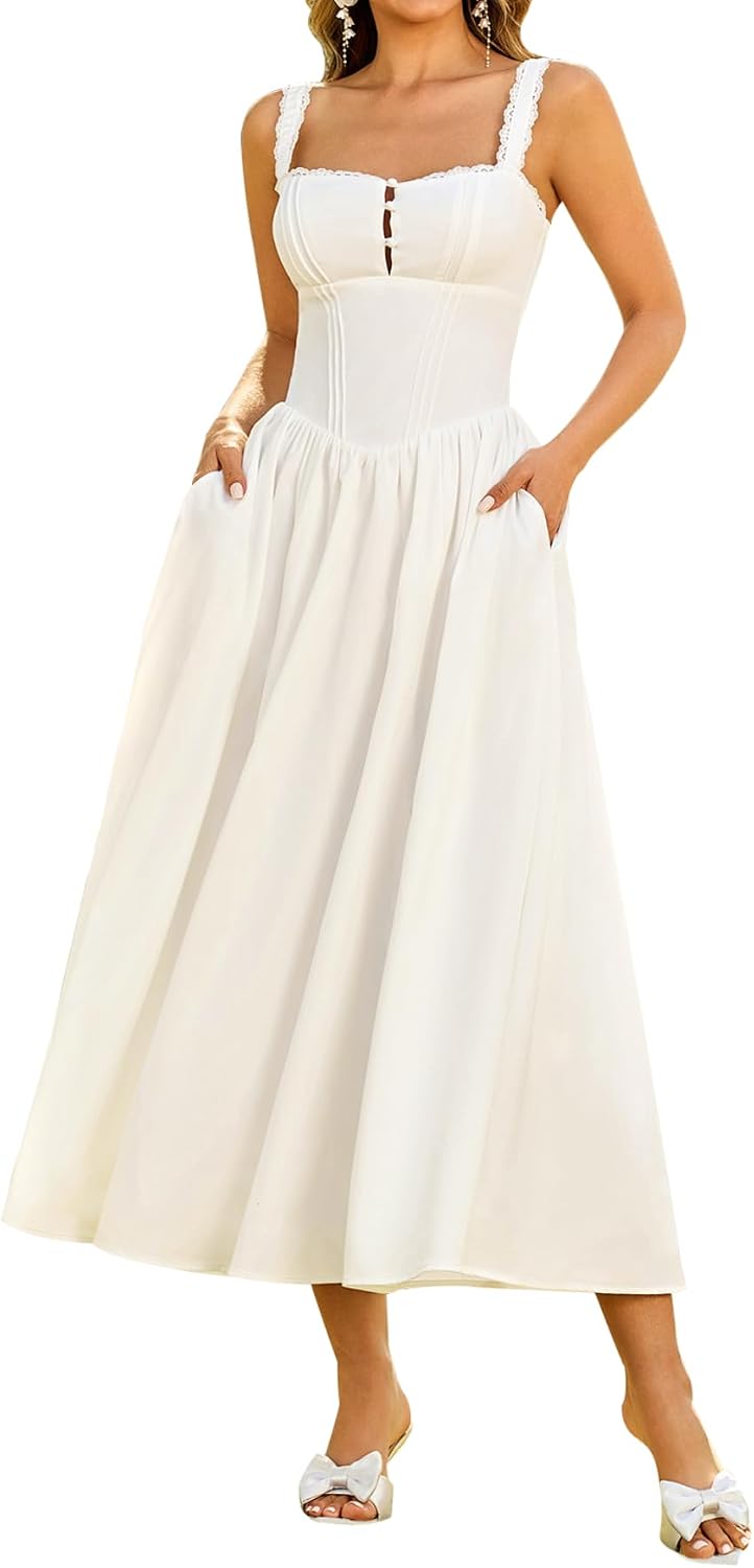 KUTUMAI Women Summer Corset Midi Floral Wedding Guest Dresses with Pockets | Lace Neck, Smocked Back, Flowy A Line Sundress for 2026 Engagement Photoshoot Bridal Shower Garden Party