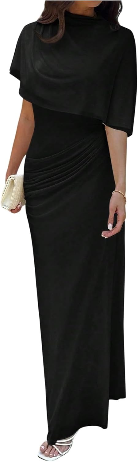 GORGLITTER Women's Elegant Classy Cape Dress Party Draped Dress | High Neck Going Out Bodycon Maxi Dresses, Sheer Ruched Wedding Guest Dress with Shawl