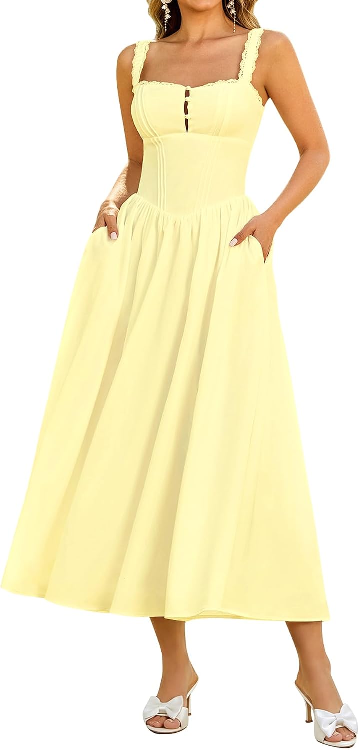 KUTUMAI Women Summer Corset Midi Floral Wedding Guest Dresses with Pockets | Lace Neck, Smocked Back, Flowy A Line Sundress for 2026 Engagement Photoshoot Bridal Shower Garden Party