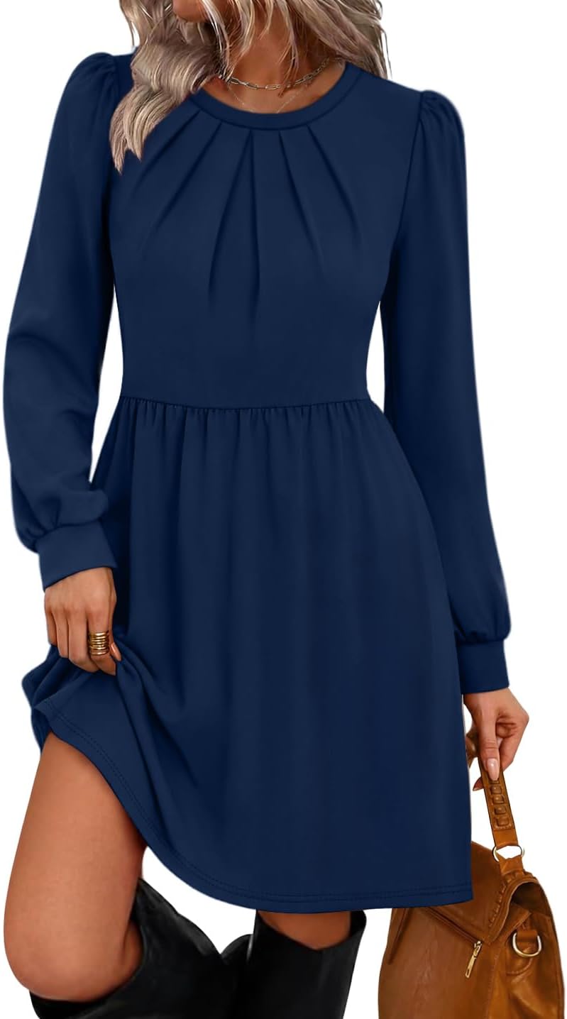 WIHOLL Womens Fall Dresses Long Sleeve Pleated Bust A-Line Pocket Dress | Puff Sleeve,Flattering Fit,Early Fall Fashion,Daily Wear,Business Casual,Front Pleated Detail,Soft Stretch
