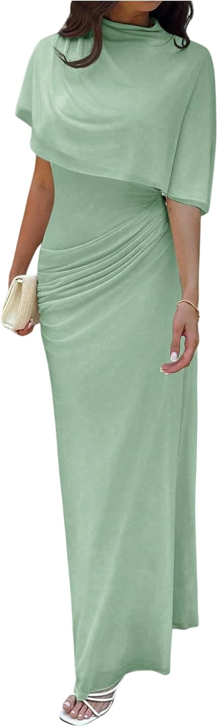 GORGLITTER Women's Elegant Classy Cape Dress Party Draped Dress | High Neck Going Out Bodycon Maxi Dresses, Sheer Ruched Wedding Guest Dress with Shawl