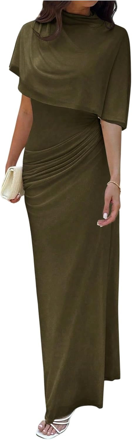 GORGLITTER Women's Elegant Classy Cape Dress Party Draped Dress | High Neck Going Out Bodycon Maxi Dresses, Sheer Ruched Wedding Guest Dress with Shawl