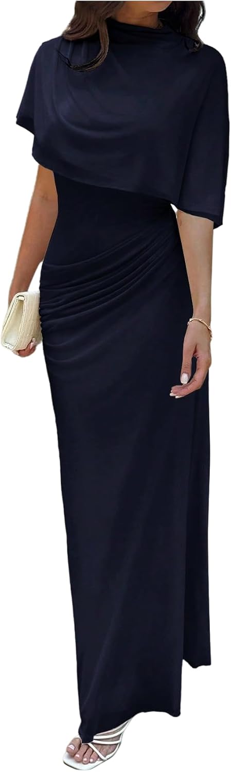 GORGLITTER Women's Elegant Classy Cape Dress Party Draped Dress | High Neck Going Out Bodycon Maxi Dresses, Sheer Ruched Wedding Guest Dress with Shawl
