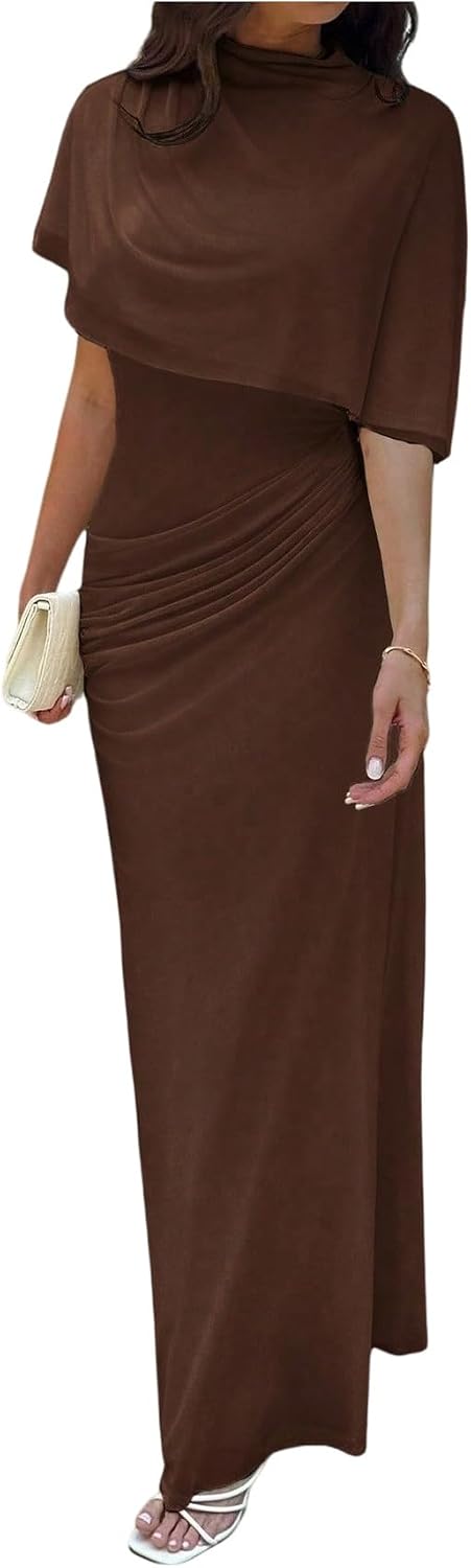 GORGLITTER Women's Elegant Classy Cape Dress Party Draped Dress | High Neck Going Out Bodycon Maxi Dresses, Sheer Ruched Wedding Guest Dress with Shawl