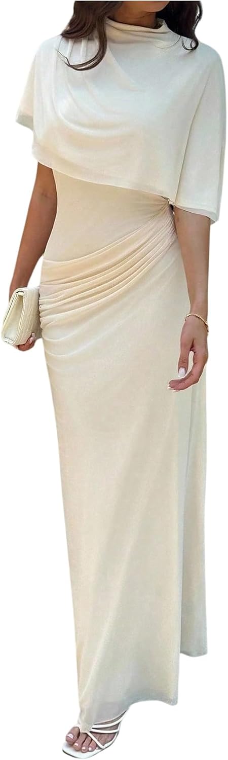 GORGLITTER Women's Elegant Classy Cape Dress Party Draped Dress | High Neck Going Out Bodycon Maxi Dresses, Sheer Ruched Wedding Guest Dress with Shawl
