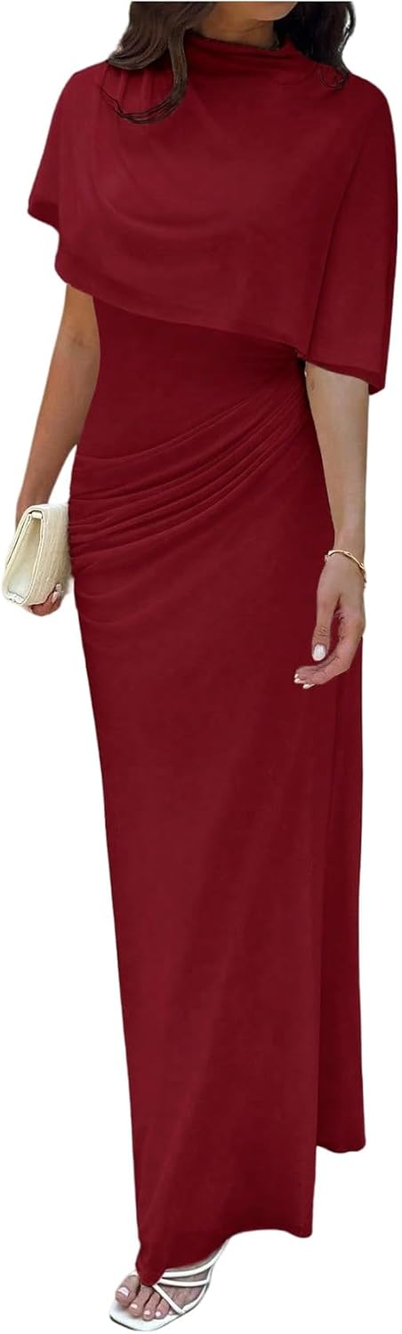 GORGLITTER Women's Elegant Classy Cape Dress Party Draped Dress | High Neck Going Out Bodycon Maxi Dresses, Sheer Ruched Wedding Guest Dress with Shawl