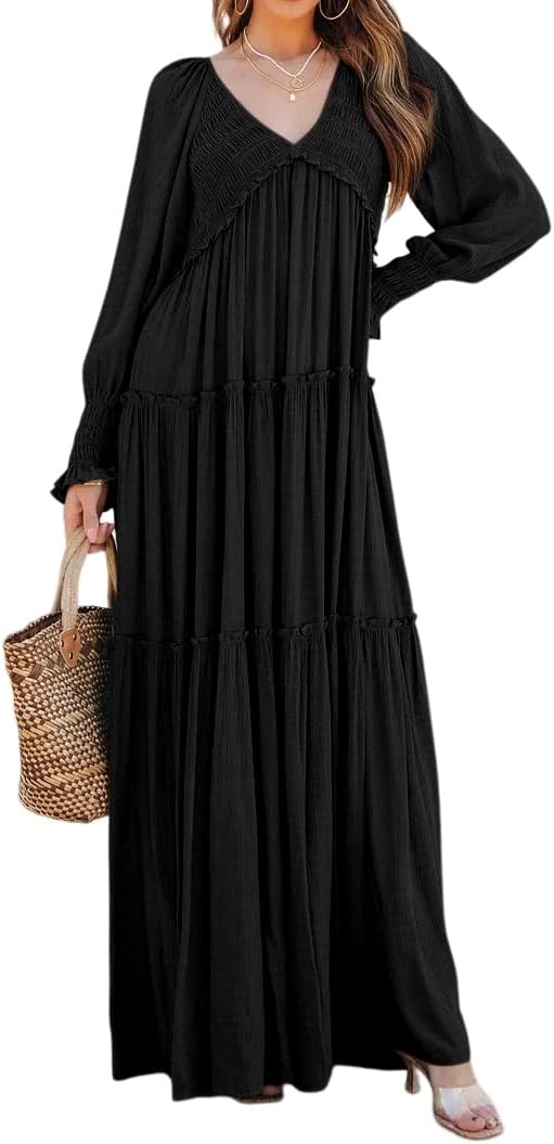 R.Vivimos Long Sleeve V Neck Flowy Maxi Dresses for Women | Lightweight Fabric, Empire Waist, Layered Ruffle Hem, Boho Casual Long Dress, Daily Wear, Beach Vacation Clothes