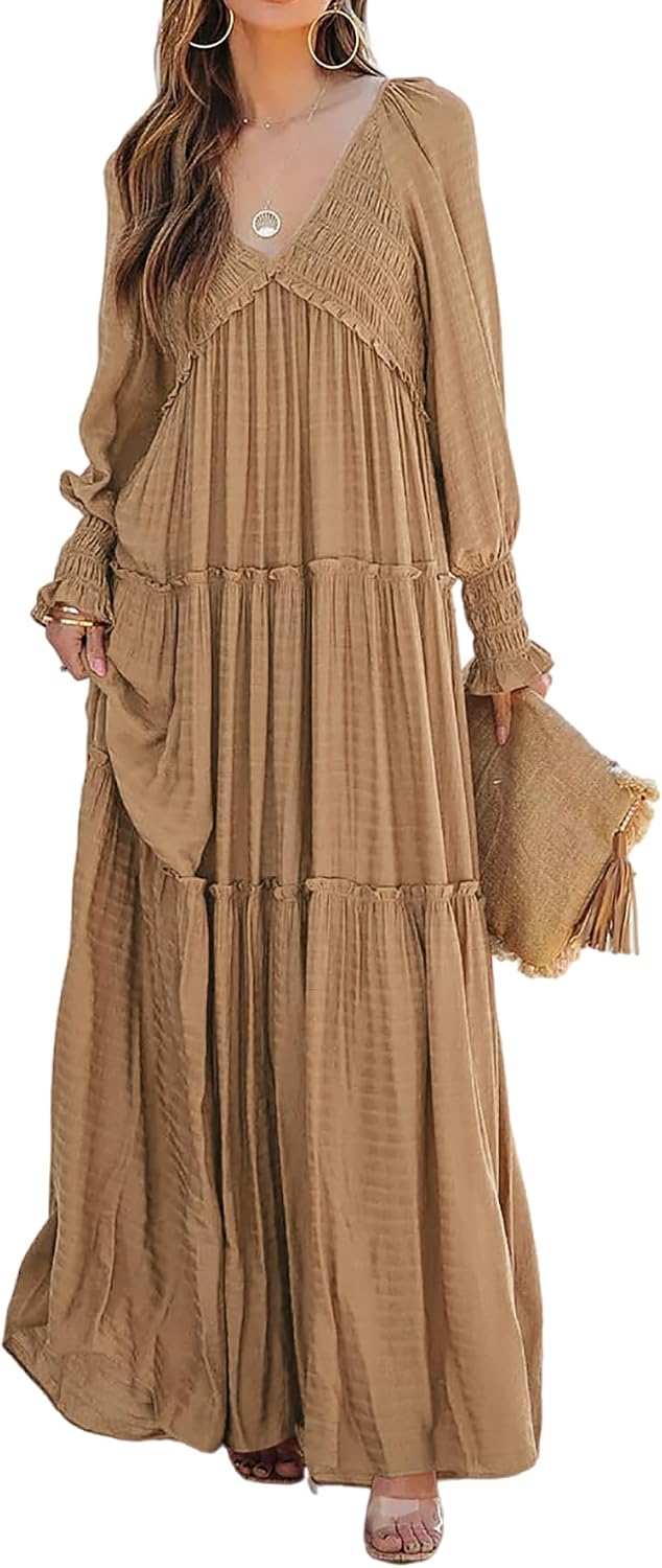 R.Vivimos Long Sleeve V Neck Flowy Maxi Dresses for Women | Lightweight Fabric, Empire Waist, Layered Ruffle Hem, Boho Casual Long Dress, Daily Wear, Beach Vacation Clothes