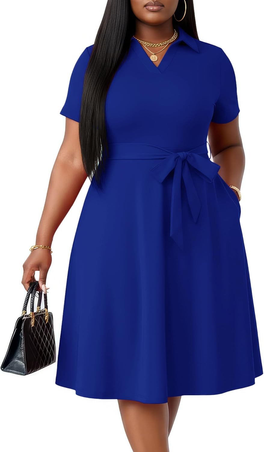 FANDEE Plus Size Dresses Women Summer Casual Church Dress with Belt | Women Summer Casual Church Dress V Neck Short Sleeve A-Line Work Cocktail Shirt Midi Dress with Belt and Pockets