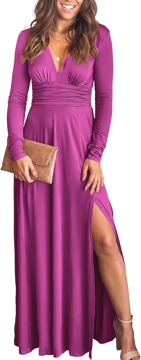 ANRABESS Women Deep V Neck Wedding Guest Formal Maxi Dress | Short Sleeve High Slit Slim Fit，Dressy Elegant Cocktail Evening Long Dress，Prom Party Summer Fall Outfits for Events