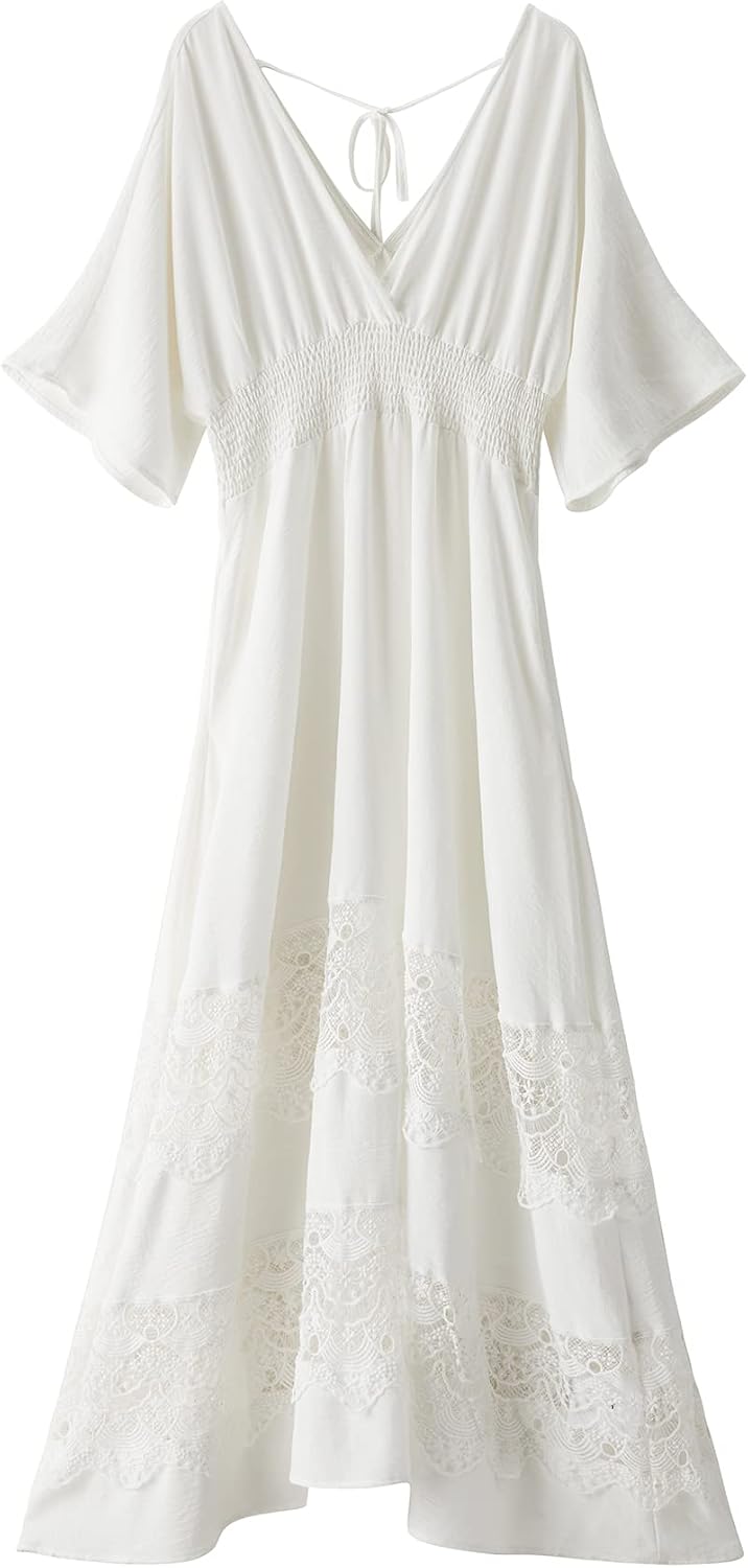 Olaesa Boho Maxi Dress V Neck Short Sleeve Lace Smocked Waist Flowy Dress | Wedding Guest Dress with Pockets, Summer Bohemian Vacation Dress, Elegant Party Dress for Family photo& Baby Shower