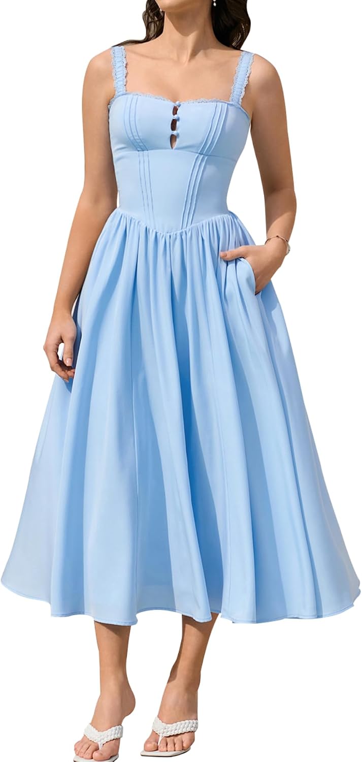 KUTUMAI Women Summer Corset Midi Floral Wedding Guest Dresses with Pockets | Lace Neck, Smocked Back, Flowy A Line Sundress for 2026 Engagement Photoshoot Bridal Shower Garden Party