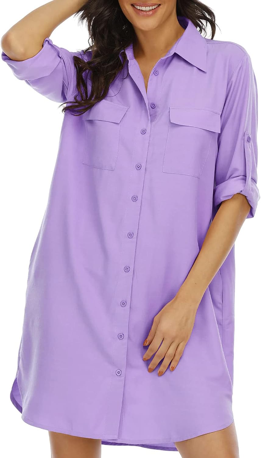 LUSMAY Women's Long Sleeve V Neck Button Down Shirt Dresses Casual Summer Dress with Pocket