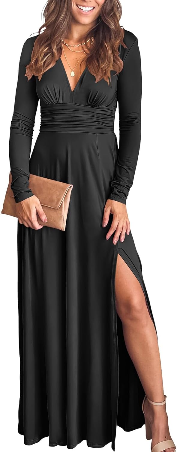 ANRABESS Women Deep V Neck Wedding Guest Formal Maxi Dress | Short Sleeve High Slit Slim Fit，Dressy Elegant Cocktail Evening Long Dress，Prom Party Summer Fall Outfits for Events