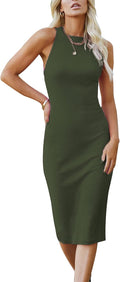 PRETTYGARDEN Women's Summer Ribbed Bodycon Midi Dresses | Soft Stretchy Knit, Sleeveless Tank Dress, Slim Fitted, Elegant Spring Outfit for Work, Vacation Travel, Date Night, Party