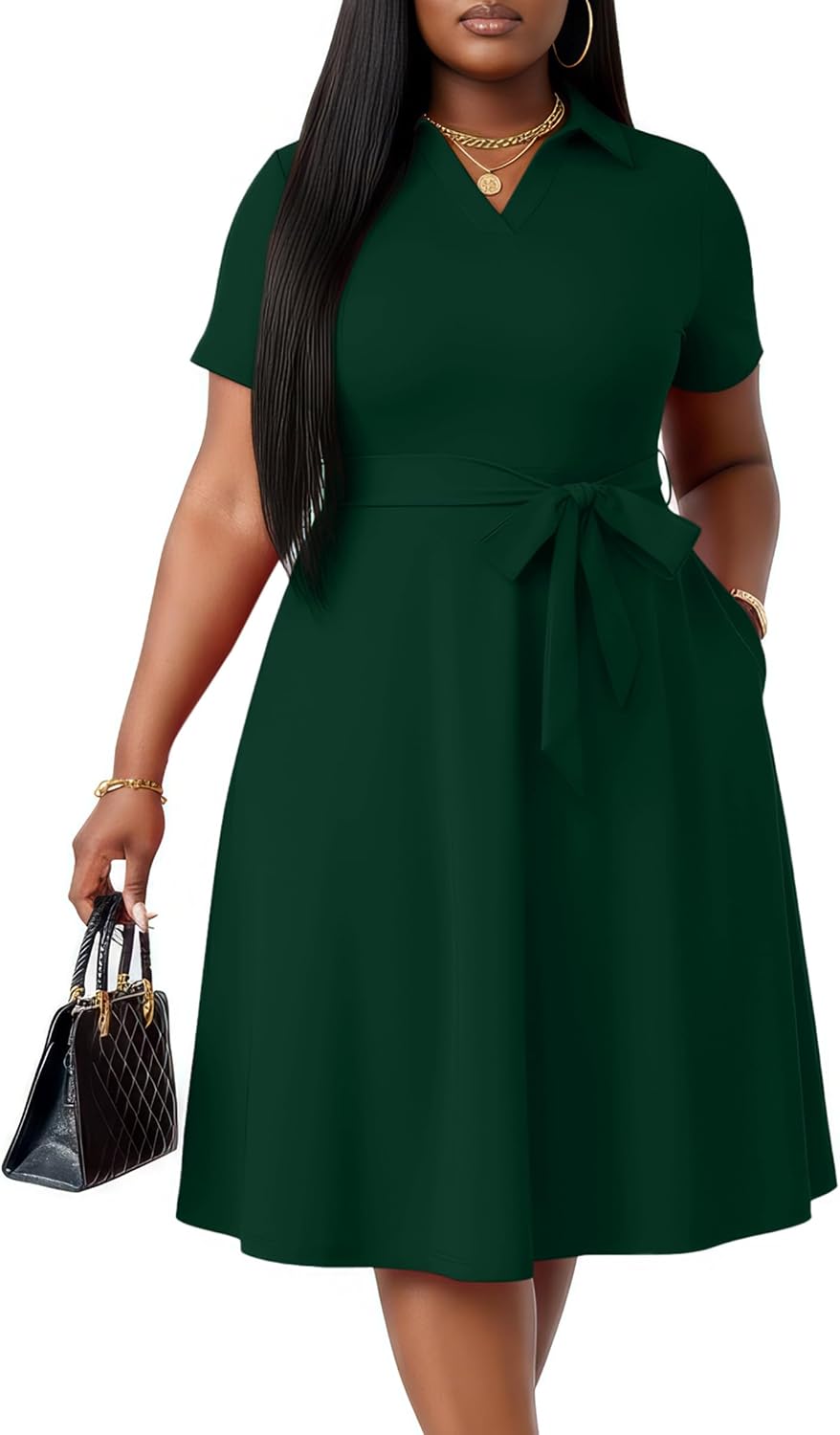 FANDEE Plus Size Dresses Women Summer Casual Church Dress with Belt | Women Summer Casual Church Dress V Neck Short Sleeve A-Line Work Cocktail Shirt Midi Dress with Belt and Pockets