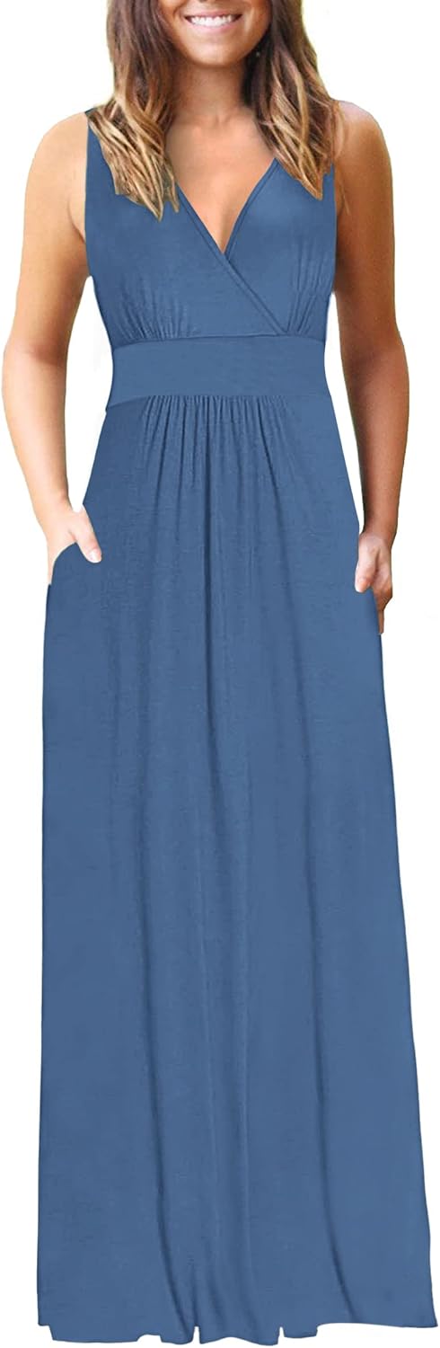 AUSELILY Maxi Dresses for Women Summer Casual Sleeveless V Neck Wrap Dress | Sleeveless Long maxi dress with wrap V neck & side pockets, for formal cocktail, beach & casual daily wear