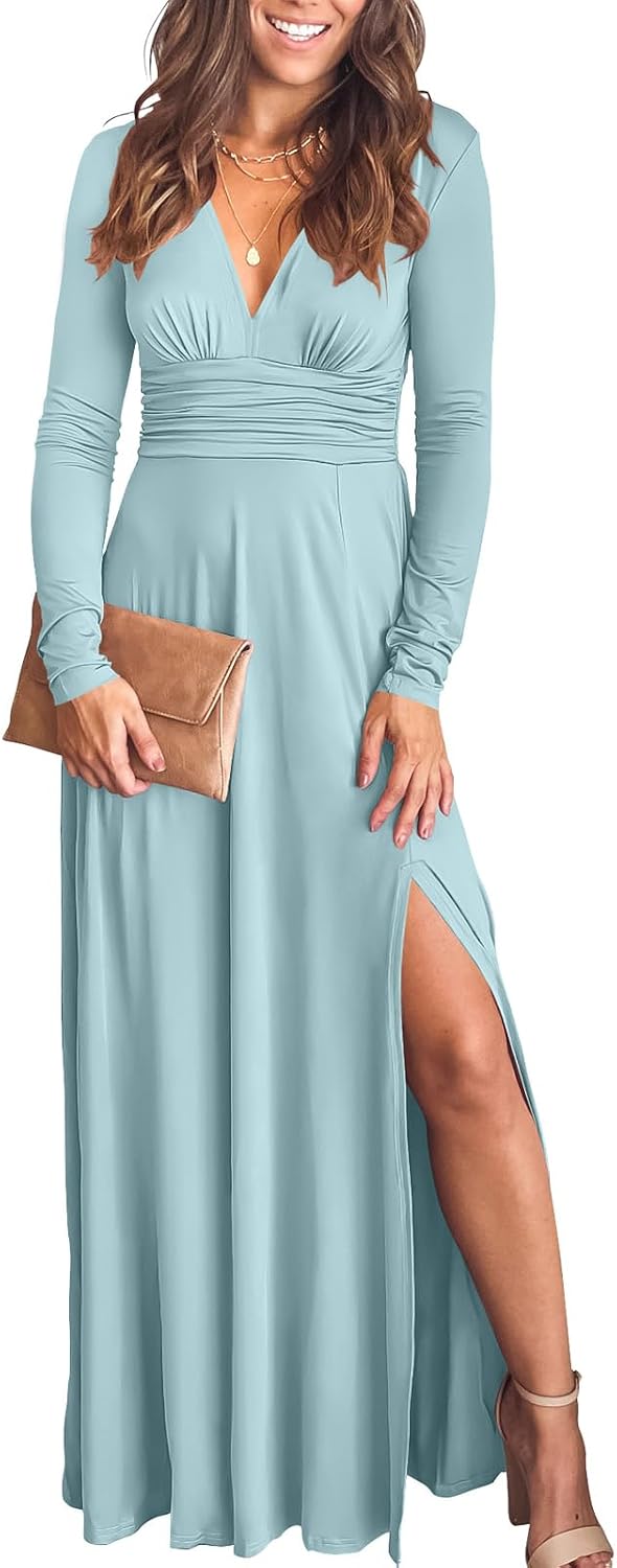 ANRABESS Women Deep V Neck Wedding Guest Formal Maxi Dress | Short Sleeve High Slit Slim Fit，Dressy Elegant Cocktail Evening Long Dress，Prom Party Summer Fall Outfits for Events