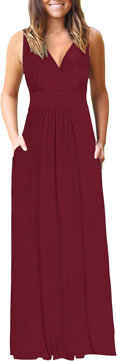 AUSELILY Maxi Dresses for Women Summer Casual Sleeveless V Neck Wrap Dress | Sleeveless Long maxi dress with wrap V neck & side pockets, for formal cocktail, beach & casual daily wear