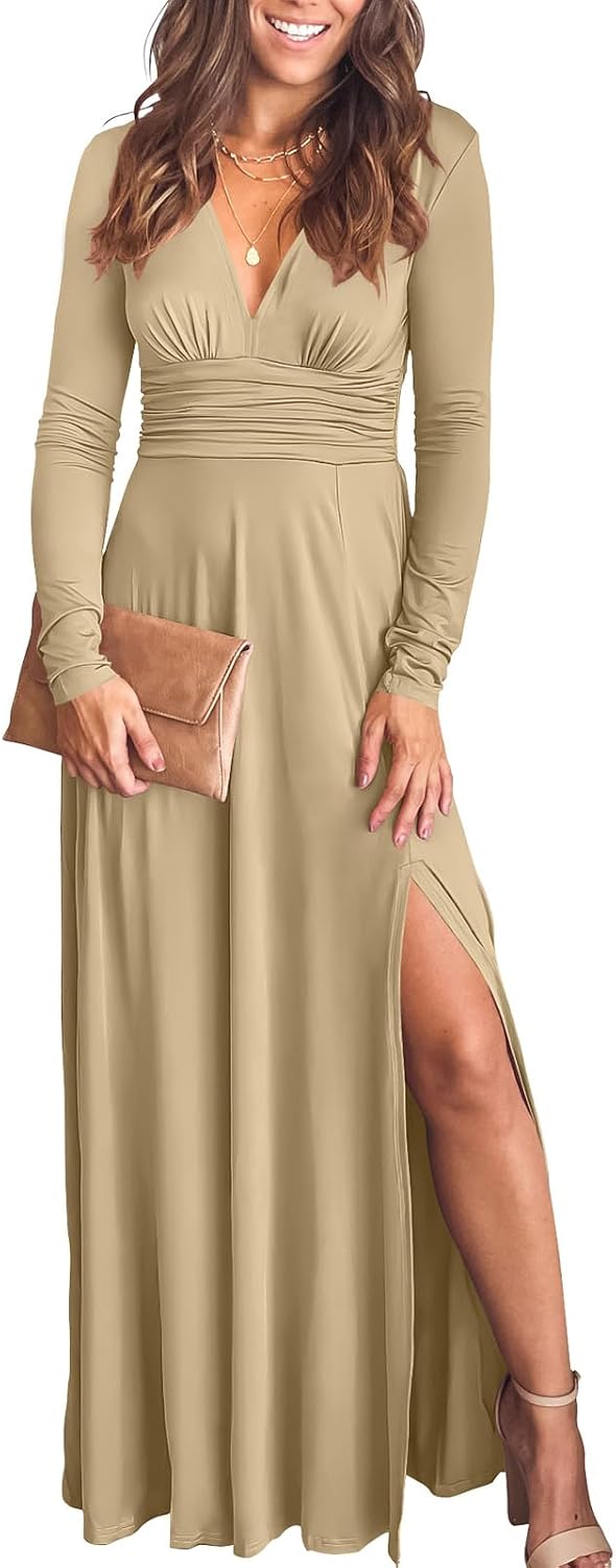 ANRABESS Women Deep V Neck Wedding Guest Formal Maxi Dress | Short Sleeve High Slit Slim Fit，Dressy Elegant Cocktail Evening Long Dress，Prom Party Summer Fall Outfits for Events