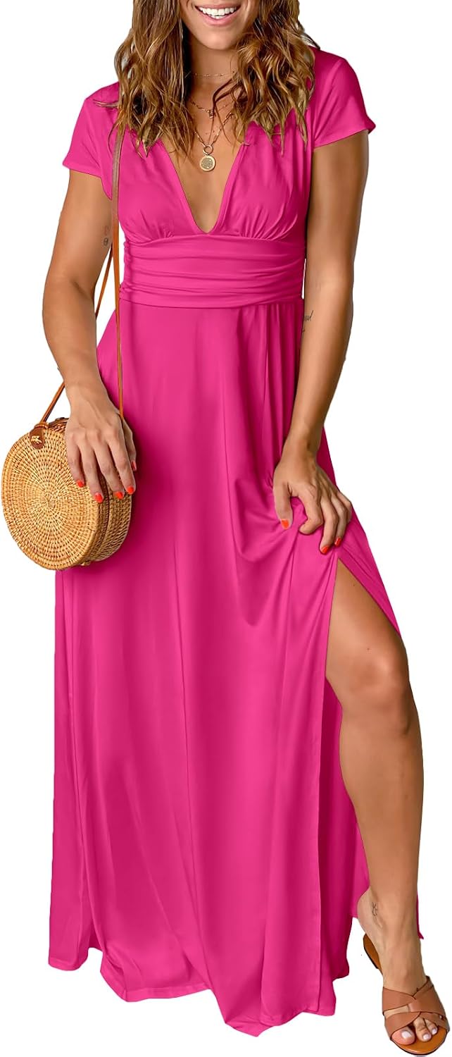ANRABESS Women Deep V Neck Wedding Guest Formal Maxi Dress | Short Sleeve High Slit Slim Fit，Dressy Elegant Cocktail Evening Long Dress，Prom Party Summer Fall Outfits for Events