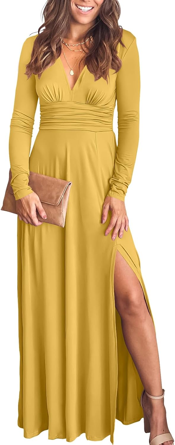 ANRABESS Women Deep V Neck Wedding Guest Formal Maxi Dress | Short Sleeve High Slit Slim Fit，Dressy Elegant Cocktail Evening Long Dress，Prom Party Summer Fall Outfits for Events