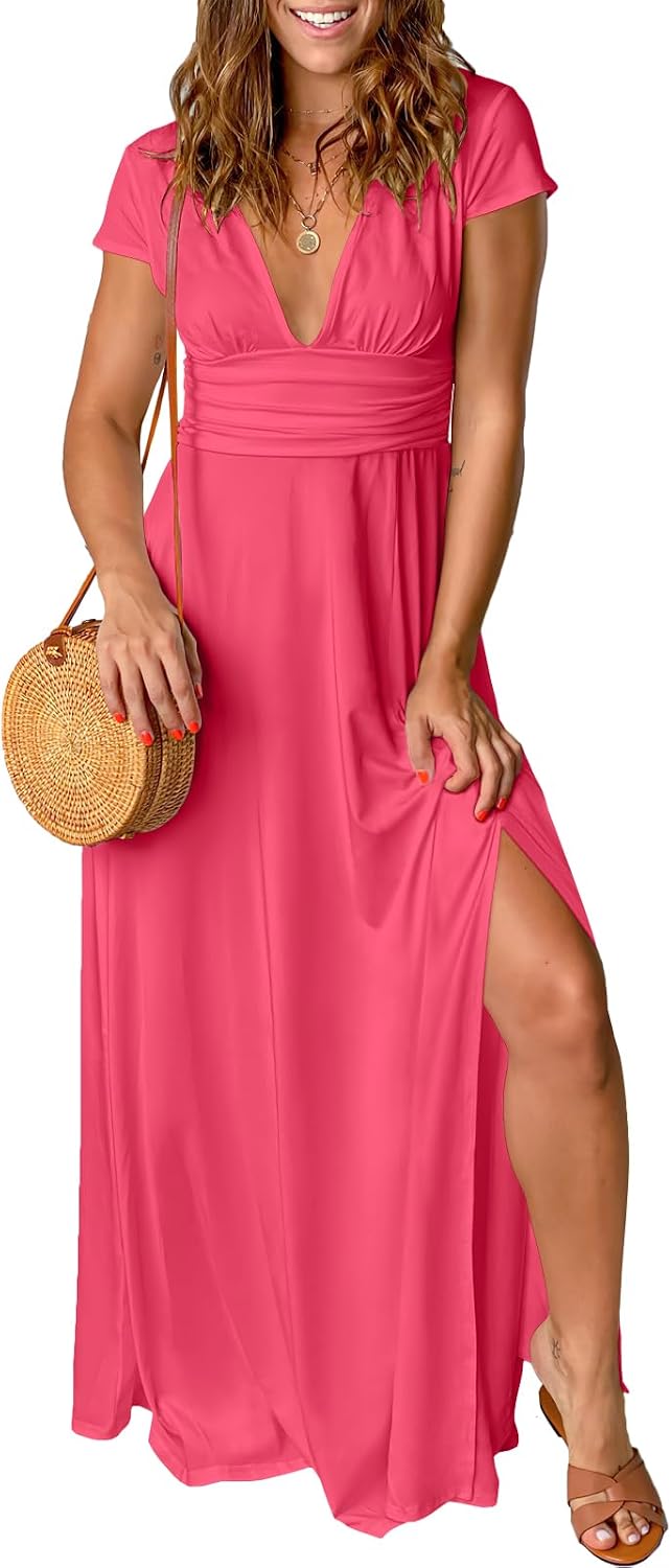 ANRABESS Women Deep V Neck Wedding Guest Formal Maxi Dress | Short Sleeve High Slit Slim Fit，Dressy Elegant Cocktail Evening Long Dress，Prom Party Summer Fall Outfits for Events