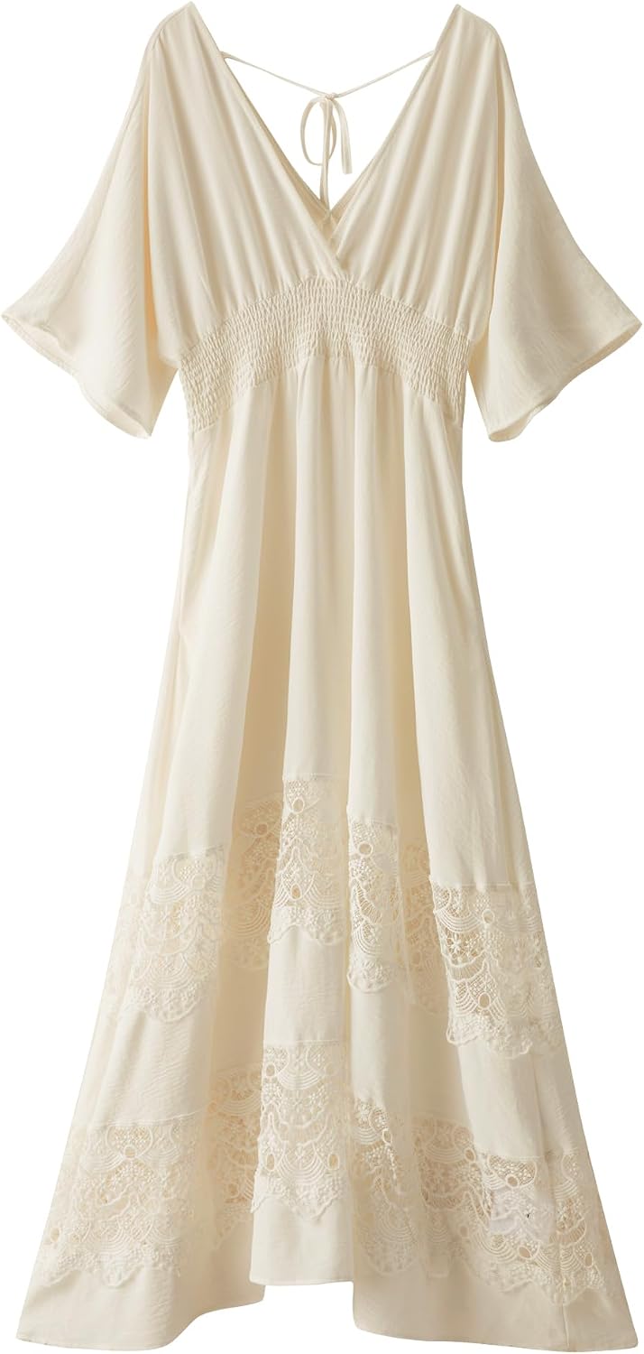 Olaesa Boho Maxi Dress V Neck Short Sleeve Lace Smocked Waist Flowy Dress | Wedding Guest Dress with Pockets, Summer Bohemian Vacation Dress, Elegant Party Dress for Family photo& Baby Shower