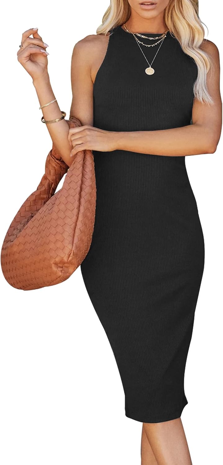 PRETTYGARDEN Women's Summer Ribbed Bodycon Midi Dresses | Soft Stretchy Knit, Sleeveless Tank Dress, Slim Fitted, Elegant Spring Outfit for Work, Vacation Travel, Date Night, Party