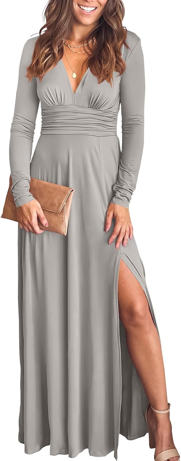 ANRABESS Women Deep V Neck Wedding Guest Formal Maxi Dress | Short Sleeve High Slit Slim Fit，Dressy Elegant Cocktail Evening Long Dress，Prom Party Summer Fall Outfits for Events