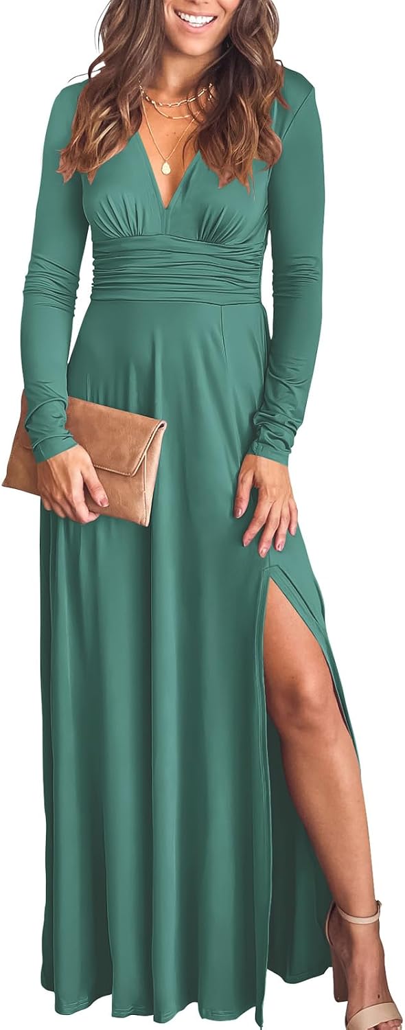 ANRABESS Women Deep V Neck Wedding Guest Formal Maxi Dress | Short Sleeve High Slit Slim Fit，Dressy Elegant Cocktail Evening Long Dress，Prom Party Summer Fall Outfits for Events