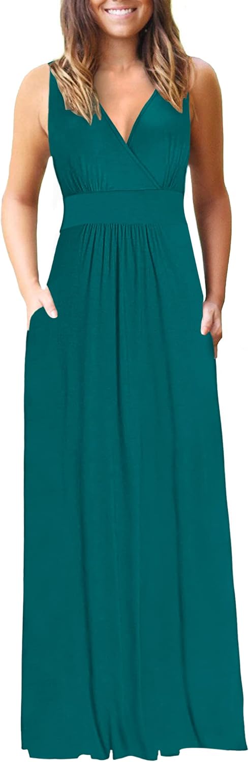 AUSELILY Maxi Dresses for Women Summer Casual Sleeveless V Neck Wrap Dress | Sleeveless Long maxi dress with wrap V neck & side pockets, for formal cocktail, beach & casual daily wear