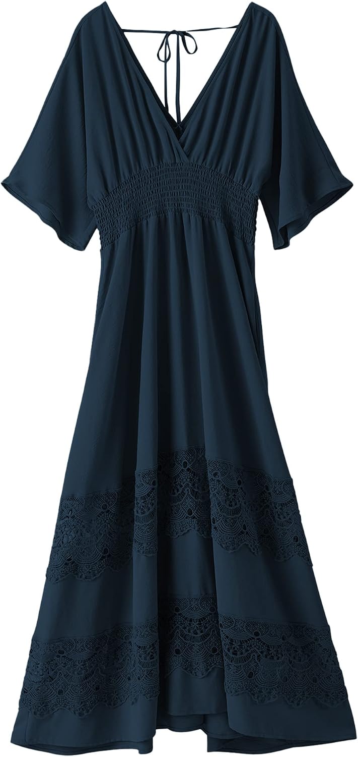 Olaesa Boho Maxi Dress V Neck Short Sleeve Lace Smocked Waist Flowy Dress | Wedding Guest Dress with Pockets, Summer Bohemian Vacation Dress, Elegant Party Dress for Family photo& Baby Shower