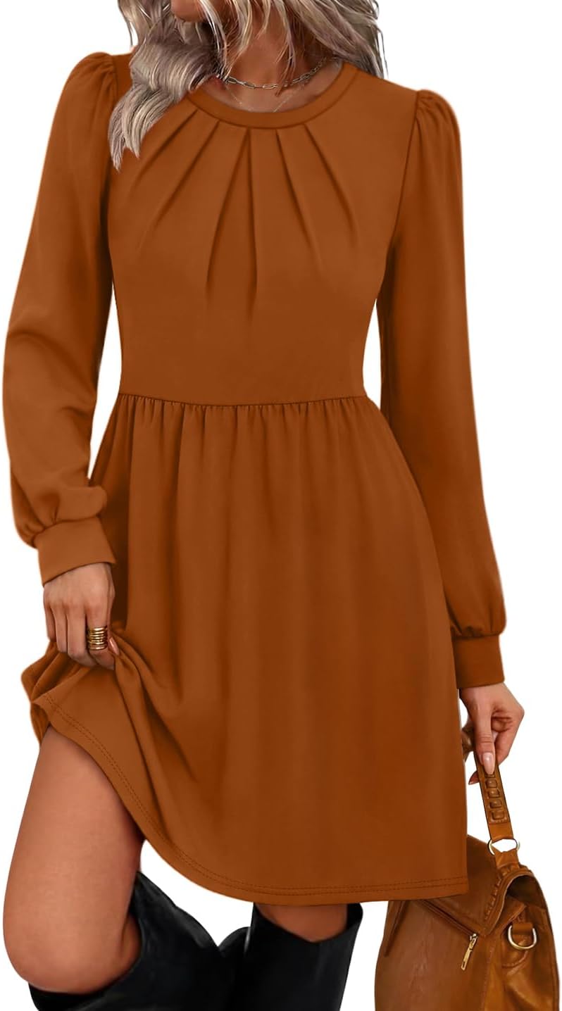 WIHOLL Womens Fall Dresses Long Sleeve Pleated Bust A-Line Pocket Dress | Puff Sleeve,Flattering Fit,Early Fall Fashion,Daily Wear,Business Casual,Front Pleated Detail,Soft Stretch
