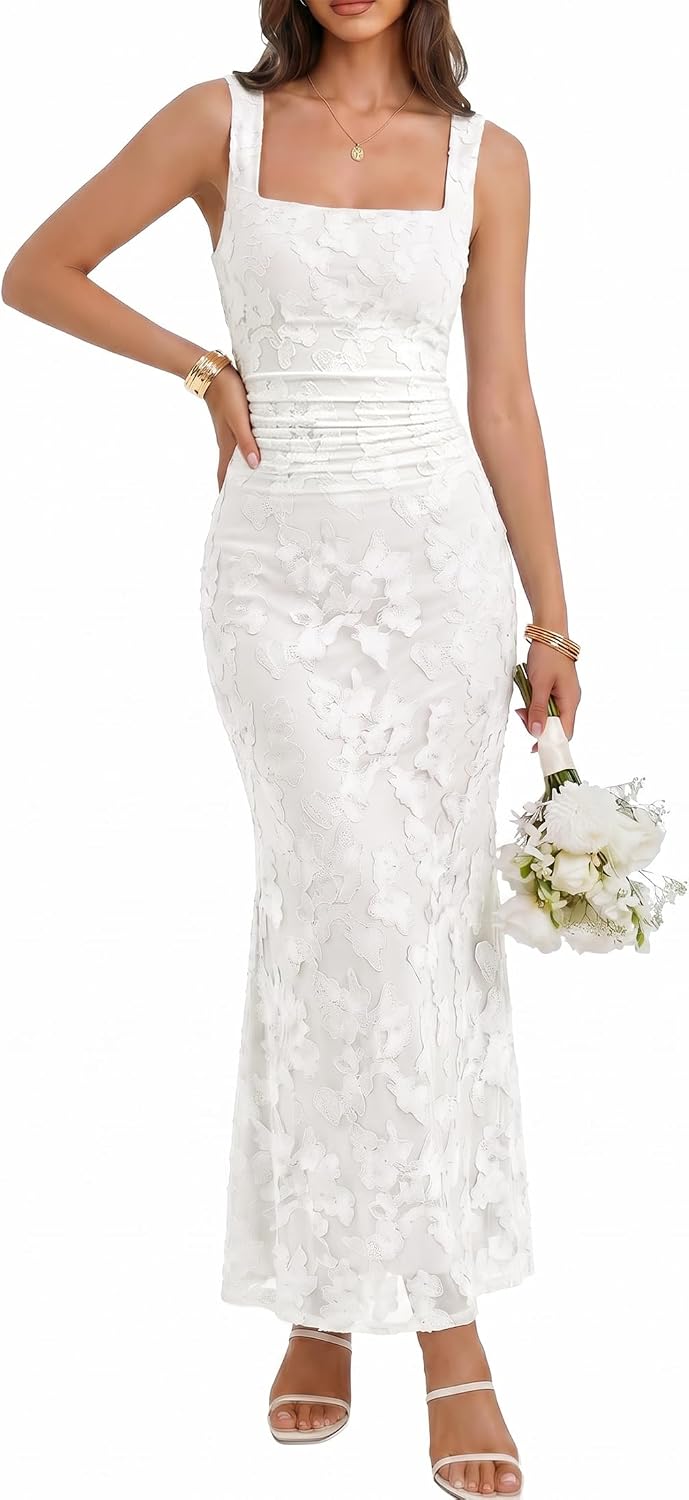 BORIFLORS Women's Bodycon Square Neck Floral Wedding Guest Maxi Dress | Ruched Cocktail Party Homecoming Long Formal Dresses