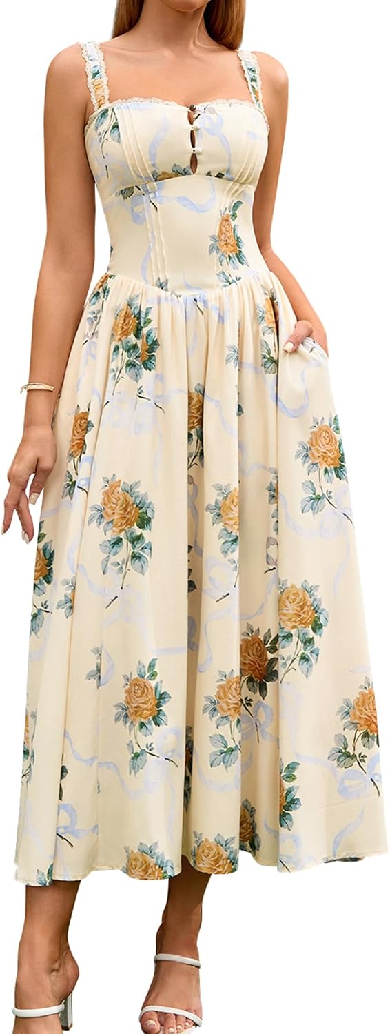 KUTUMAI Women Summer Corset Midi Floral Wedding Guest Dresses with Pockets | Lace Neck, Smocked Back, Flowy A Line Sundress for 2026 Engagement Photoshoot Bridal Shower Garden Party