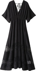 Olaesa Boho Maxi Dress V Neck Short Sleeve Lace Smocked Waist Flowy Dress | Wedding Guest Dress with Pockets, Summer Bohemian Vacation Dress, Elegant Party Dress for Family photo& Baby Shower