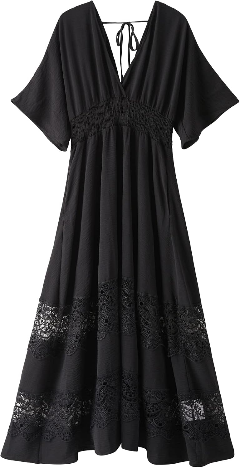 Olaesa Boho Maxi Dress V Neck Short Sleeve Lace Smocked Waist Flowy Dress | Wedding Guest Dress with Pockets, Summer Bohemian Vacation Dress, Elegant Party Dress for Family photo& Baby Shower