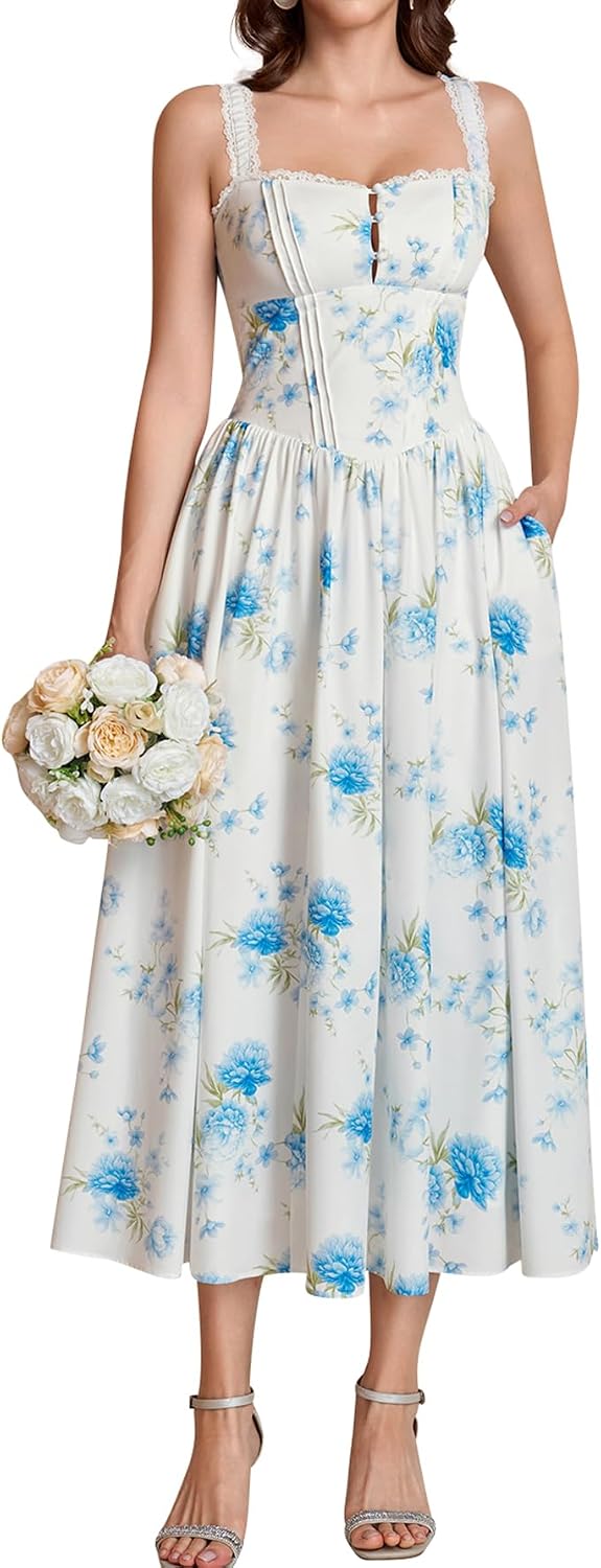 KUTUMAI Women Summer Corset Midi Floral Wedding Guest Dresses with Pockets | Lace Neck, Smocked Back, Flowy A Line Sundress for 2026 Engagement Photoshoot Bridal Shower Garden Party