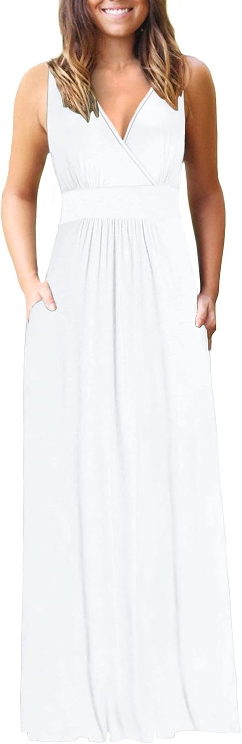 AUSELILY Maxi Dresses for Women Summer Casual Sleeveless V Neck Wrap Dress | Sleeveless Long maxi dress with wrap V neck & side pockets, for formal cocktail, beach & casual daily wear