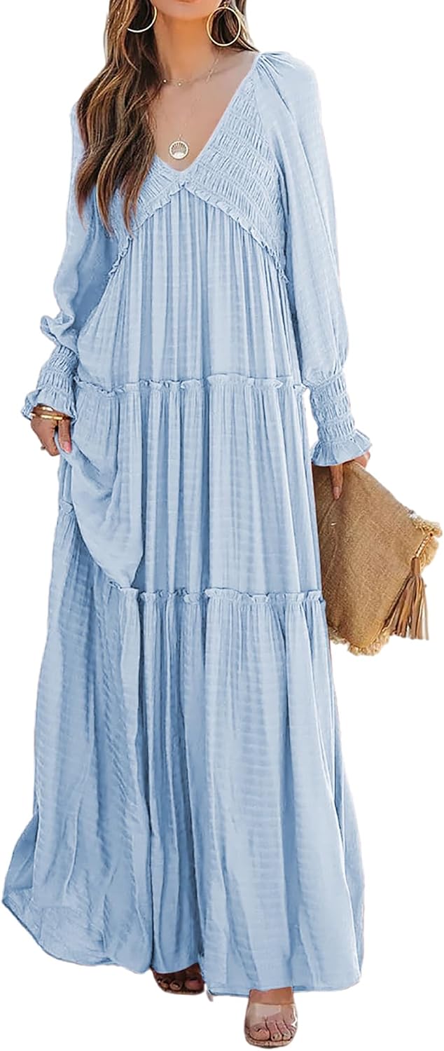 R.Vivimos Long Sleeve V Neck Flowy Maxi Dresses for Women | Lightweight Fabric, Empire Waist, Layered Ruffle Hem, Boho Casual Long Dress, Daily Wear, Beach Vacation Clothes