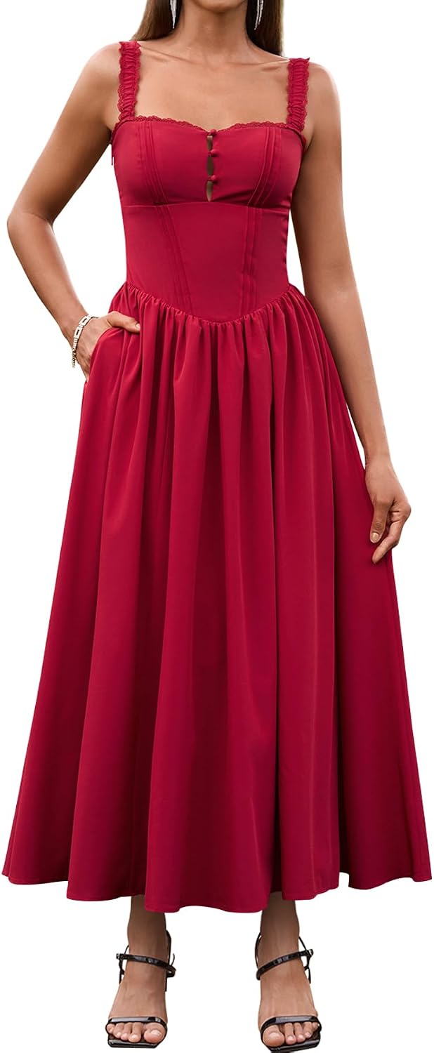 KUTUMAI Women Summer Corset Midi Floral Wedding Guest Dresses with Pockets | Lace Neck, Smocked Back, Flowy A Line Sundress for 2026 Engagement Photoshoot Bridal Shower Garden Party