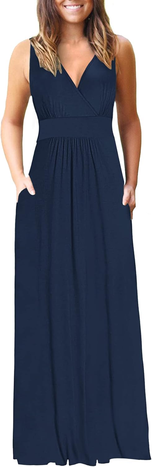 AUSELILY Maxi Dresses for Women Summer Casual Sleeveless V Neck Wrap Dress | Sleeveless Long maxi dress with wrap V neck & side pockets, for formal cocktail, beach & casual daily wear