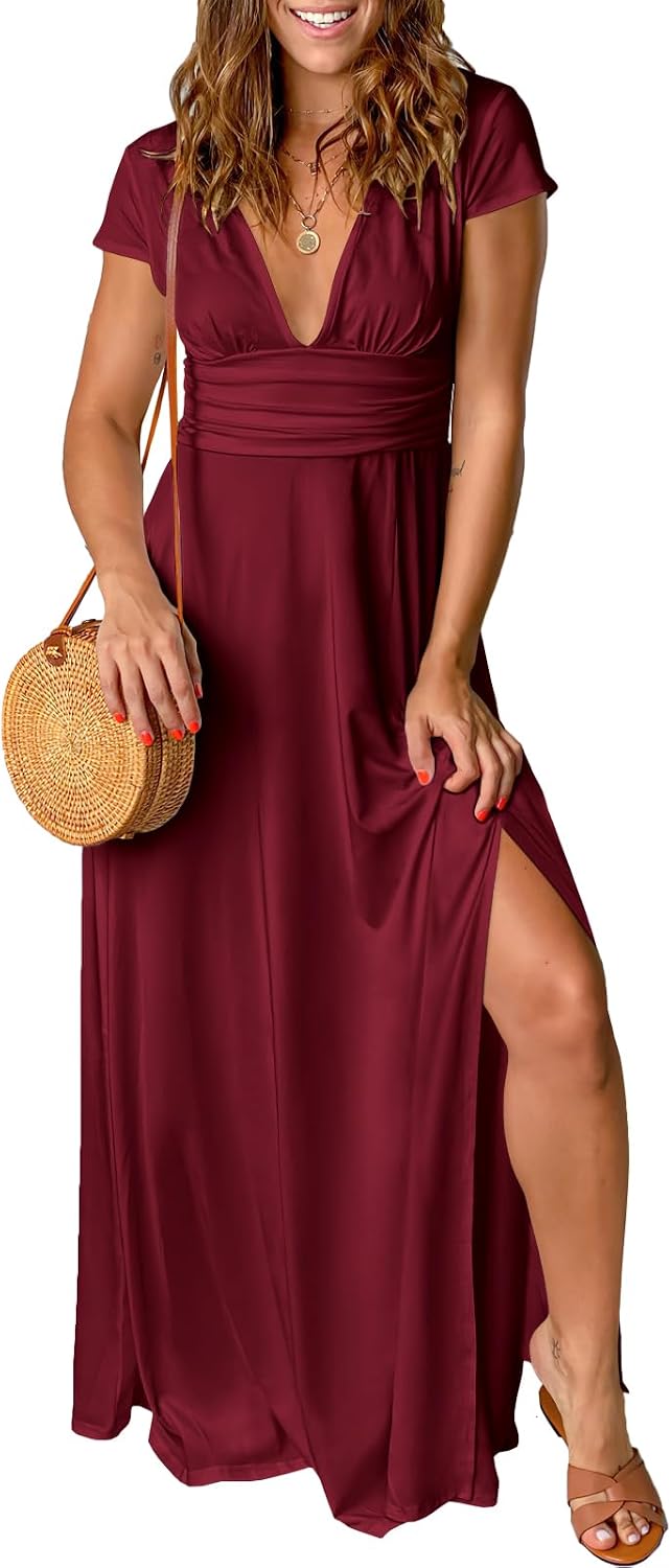 ANRABESS Women Deep V Neck Wedding Guest Formal Maxi Dress | Short Sleeve High Slit Slim Fit，Dressy Elegant Cocktail Evening Long Dress，Prom Party Summer Fall Outfits for Events