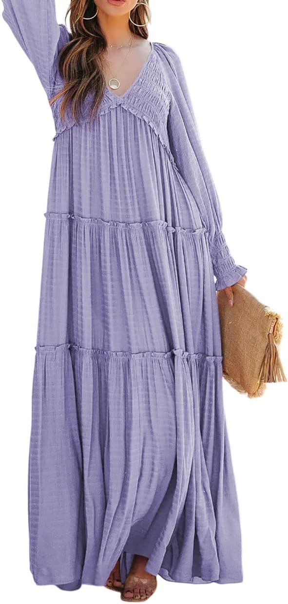 R.Vivimos Long Sleeve V Neck Flowy Maxi Dresses for Women | Lightweight Fabric, Empire Waist, Layered Ruffle Hem, Boho Casual Long Dress, Daily Wear, Beach Vacation Clothes