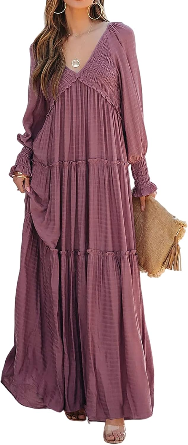 R.Vivimos Long Sleeve V Neck Flowy Maxi Dresses for Women | Lightweight Fabric, Empire Waist, Layered Ruffle Hem, Boho Casual Long Dress, Daily Wear, Beach Vacation Clothes