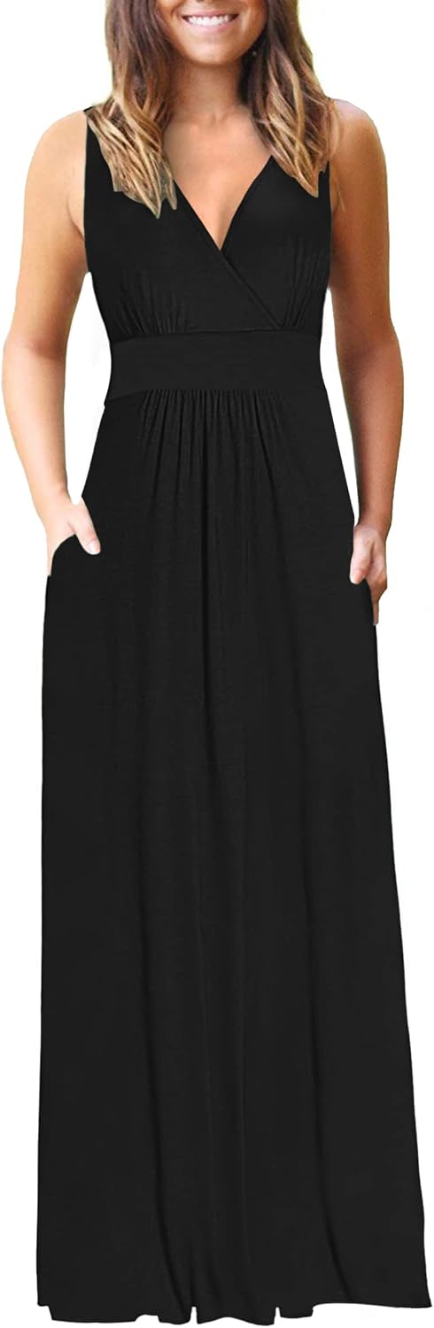 AUSELILY Maxi Dresses for Women Summer Casual Sleeveless V Neck Wrap Dress | Sleeveless Long maxi dress with wrap V neck & side pockets, for formal cocktail, beach & casual daily wear