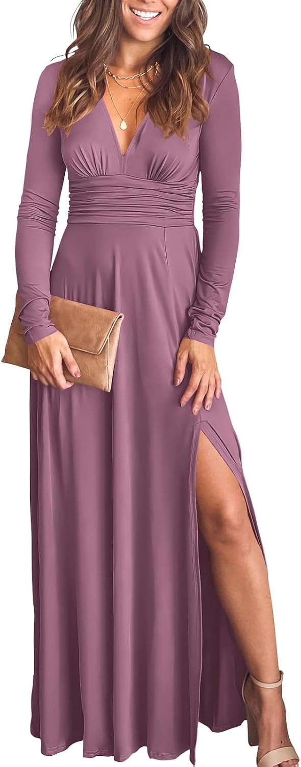 ANRABESS Women Deep V Neck Wedding Guest Formal Maxi Dress | Short Sleeve High Slit Slim Fit，Dressy Elegant Cocktail Evening Long Dress，Prom Party Summer Fall Outfits for Events