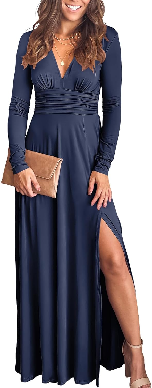 ANRABESS Women Deep V Neck Wedding Guest Formal Maxi Dress | Short Sleeve High Slit Slim Fit，Dressy Elegant Cocktail Evening Long Dress，Prom Party Summer Fall Outfits for Events